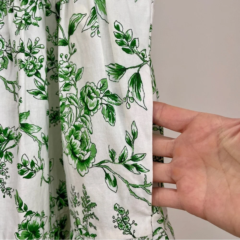 Gal Meets Glam Lisa Green White Toile Floral Tiered Mini Dress 4 - Picture 13 of 16